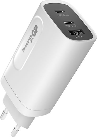 GP GaN PD 65 W -verkkovirtalaturi, 2x USB-C + 1x USB-A, valkoinen
