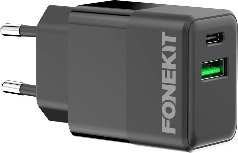 FoneKit Double 20W -laddare, USB-C + USB-A, svart