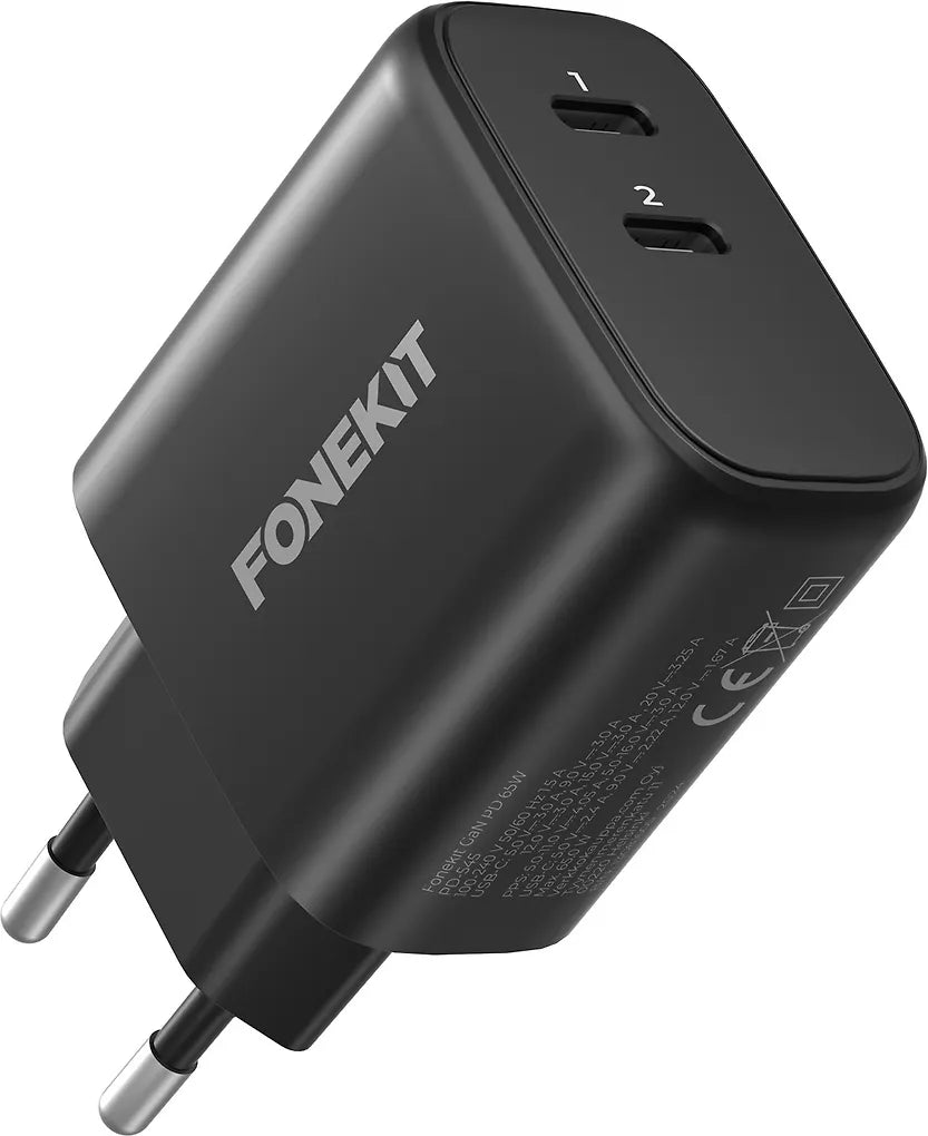 FoneKit GaN PD 65W -verkkovirtalaturi, USB-C + USB-C, musta