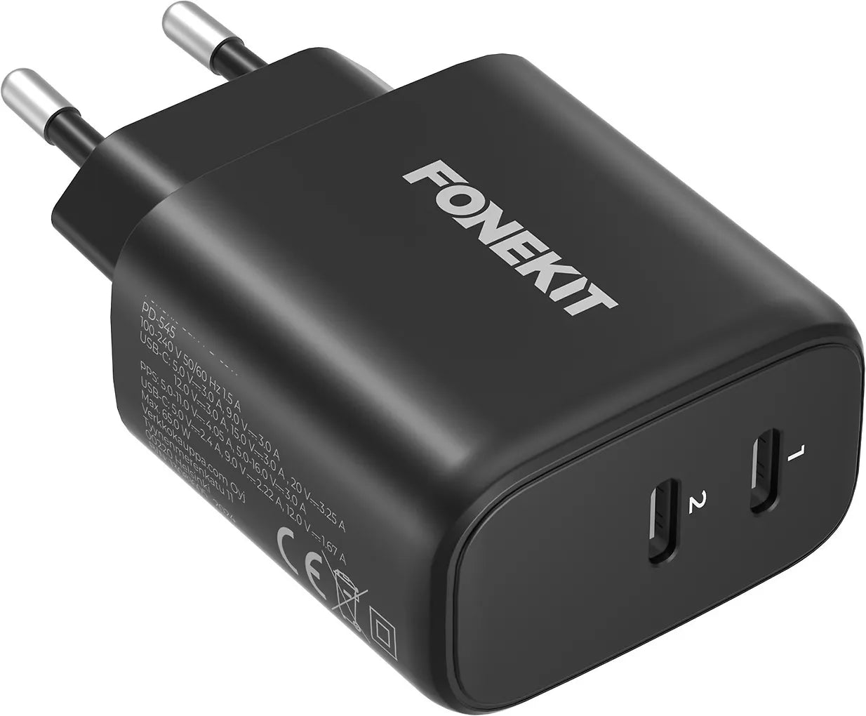 FoneKit GaN PD 65W -nätladdare, USB-C + USB-C, svart