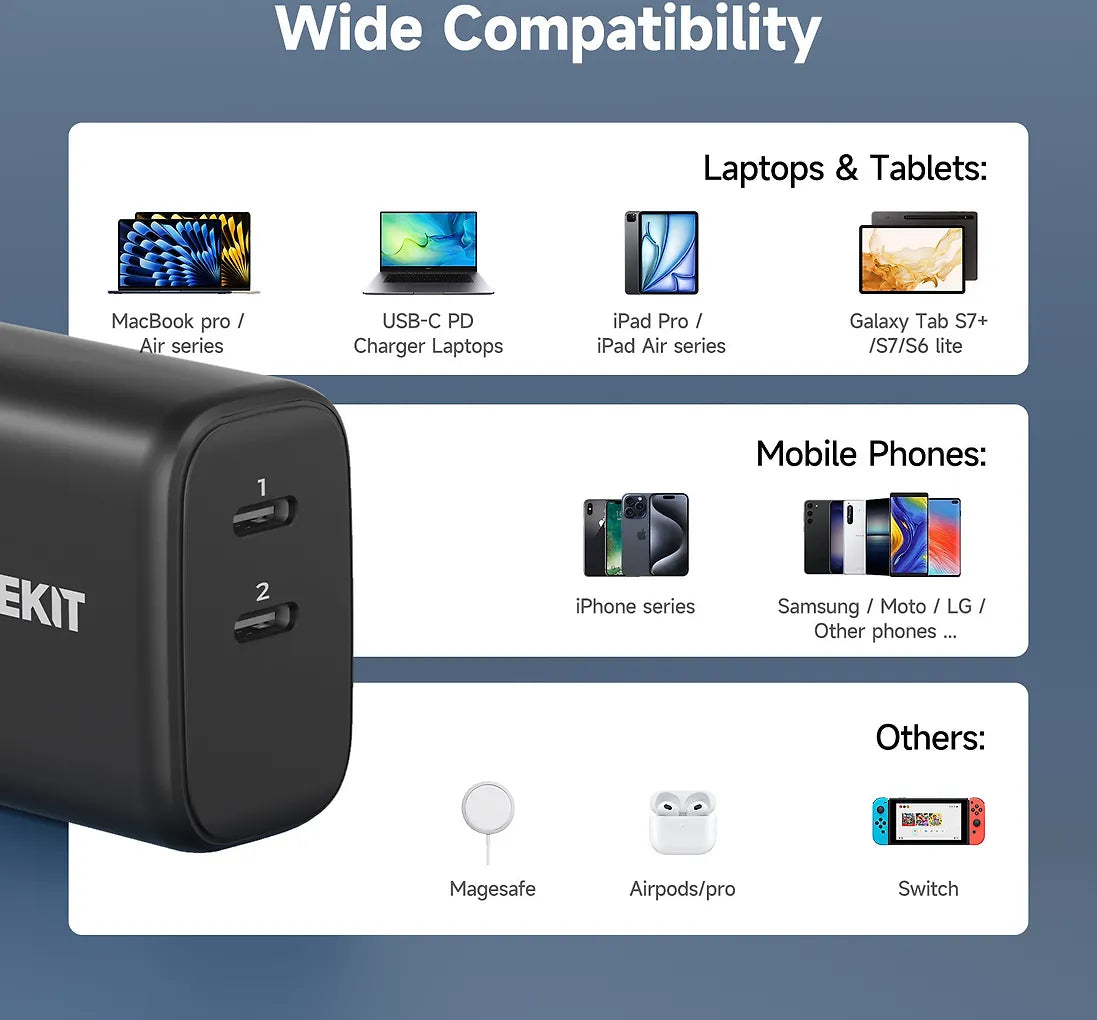 FoneKit GaN PD 65W -nätladdare, USB-C + USB-C, svart