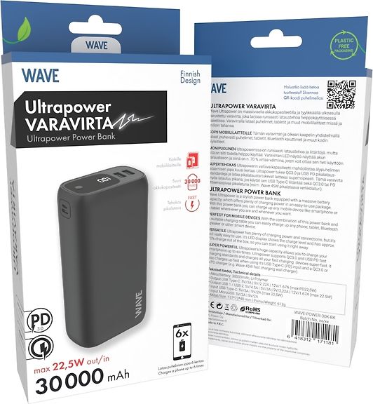 Wave Ultrapower -varavirtalähde, 30 000 mAh, musta – kuva 3