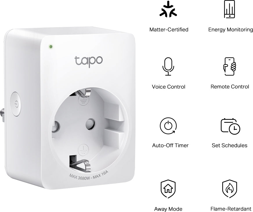 TP-LINK Tapo P110M -etäohjattava pistorasia virrankulutuksen mittauksella, Matter