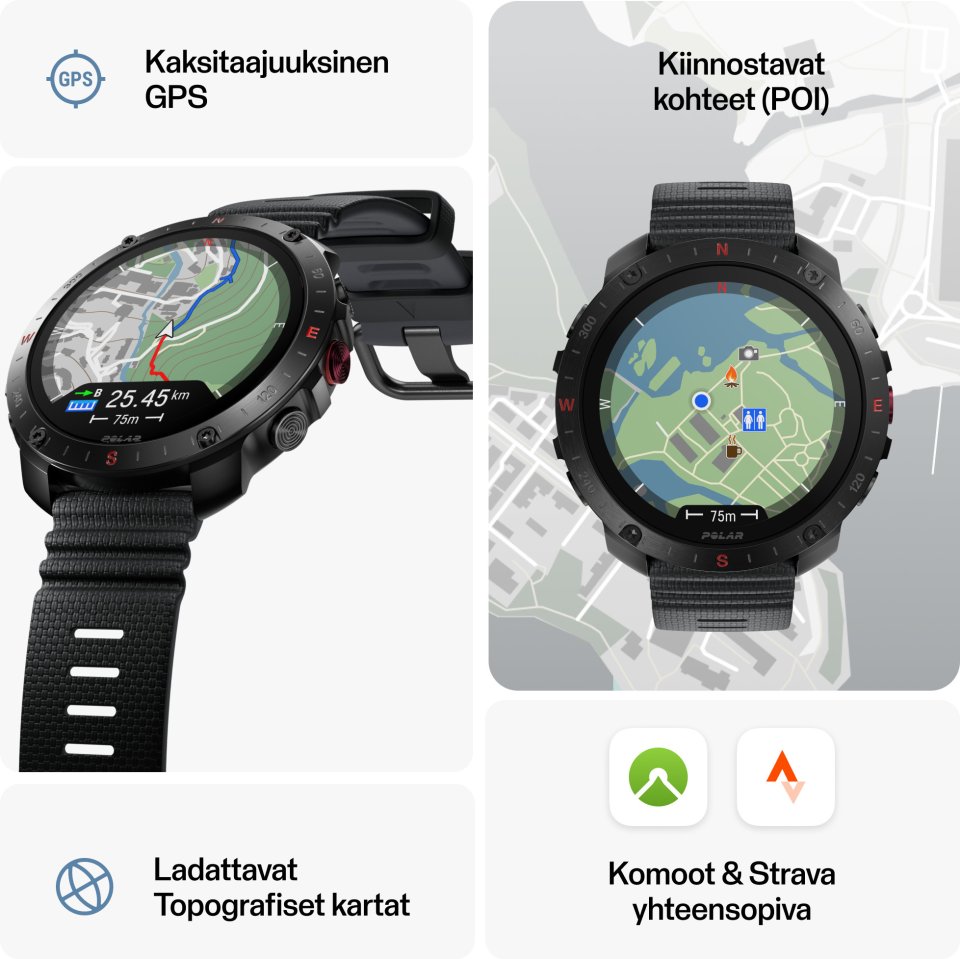 Polar Grit X2 Pro -urheilukello, musta silikoniranneke