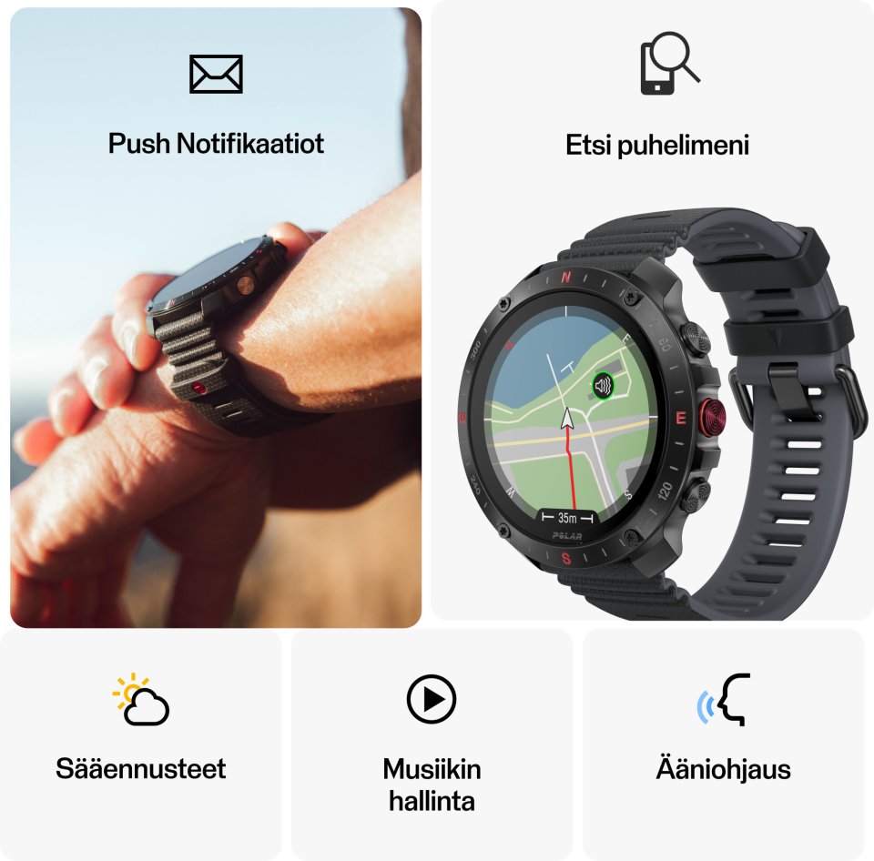 Polar Grit X2 Pro -urheilukello, musta silikoniranneke