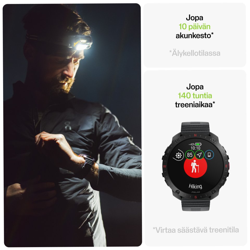 Polar Grit X2 Pro -urheilukello, musta silikoniranneke