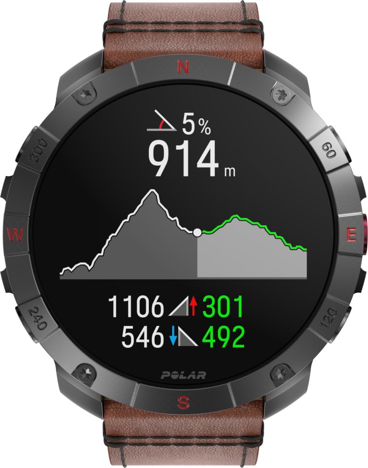 Polar Grit X2 Pro Titan -urheilukello, ruskea nahkaranneke