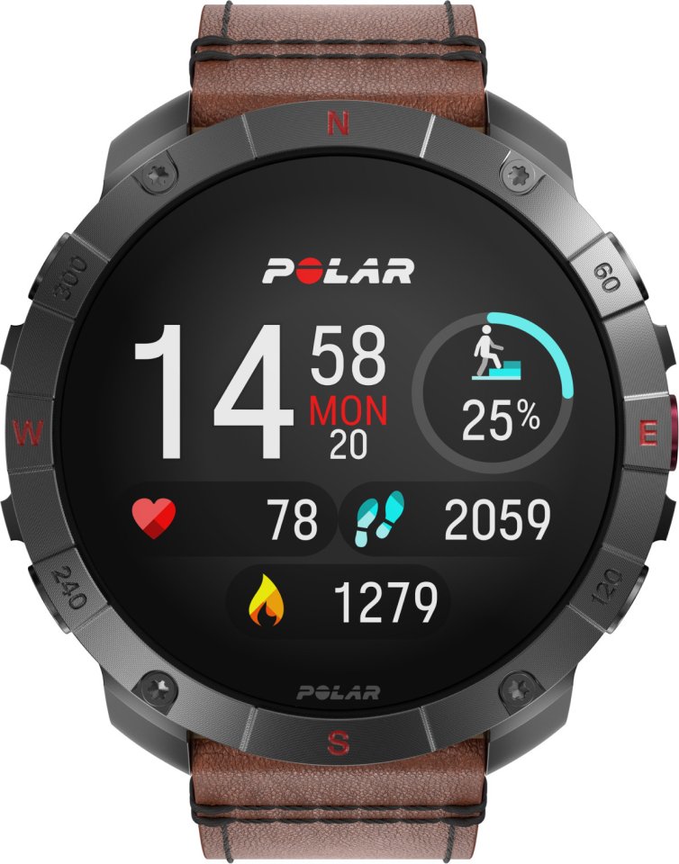 Polar Grit X2 Pro Titan -urheilukello, ruskea nahkaranneke
