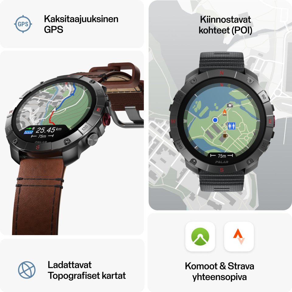 Polar Grit X2 Pro Titan -urheilukello, ruskea nahkaranneke