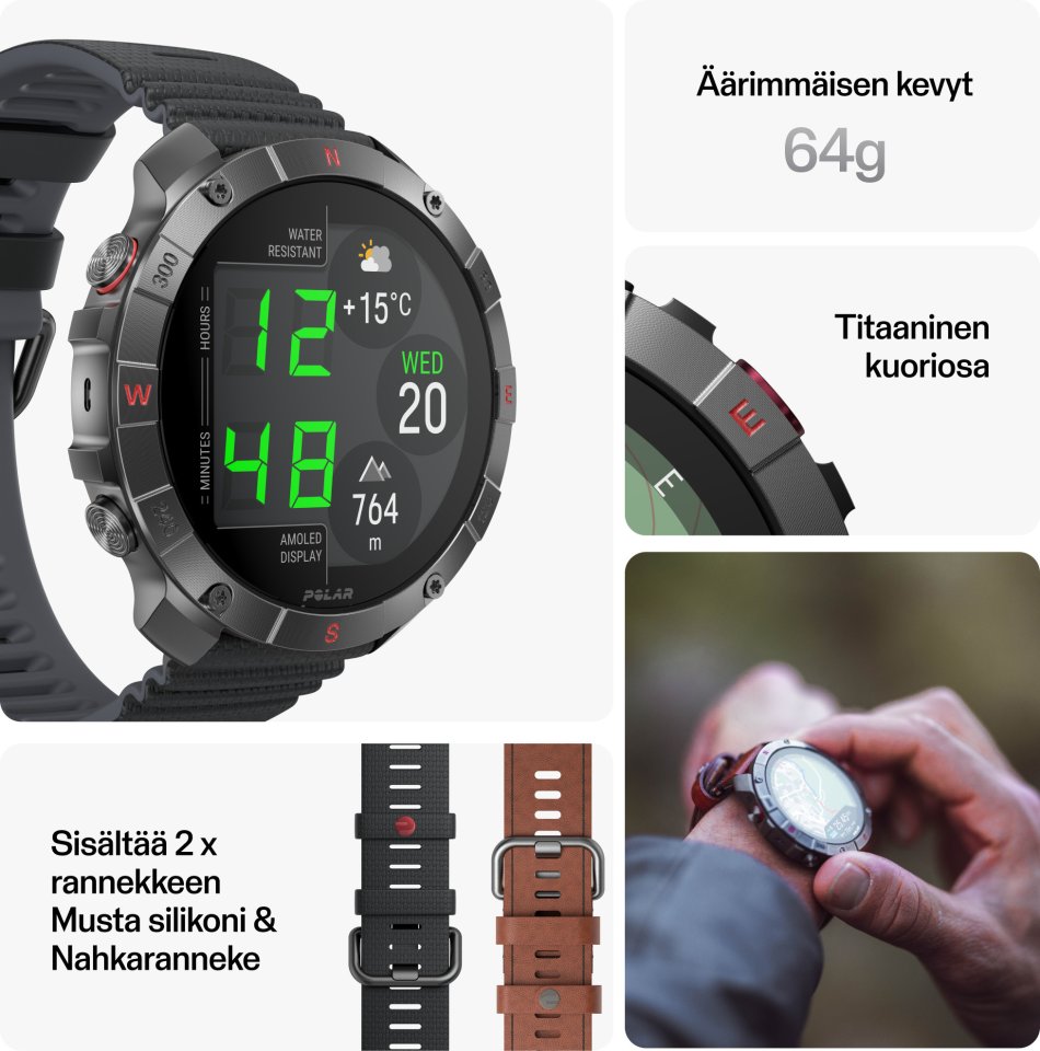 Polar Grit X2 Pro Titan -urheilukello, ruskea nahkaranneke