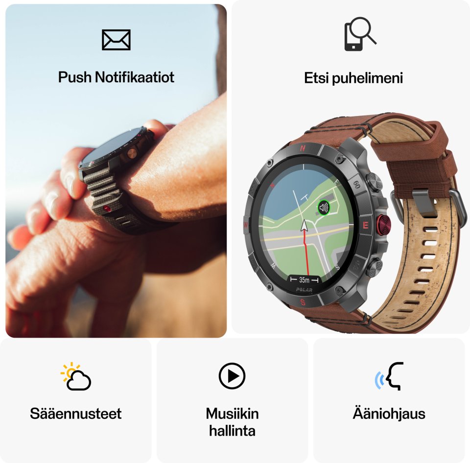 Polar Grit X2 Pro Titan -urheilukello, ruskea nahkaranneke
