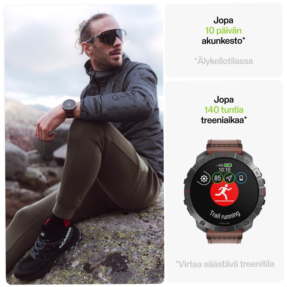 Polar Grit X2 Pro Titan -urheilukello, ruskea nahkaranneke