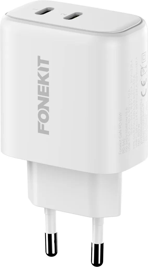 FoneKit GaN PD 65W -nätladdare, USB-C + USB-C, vit