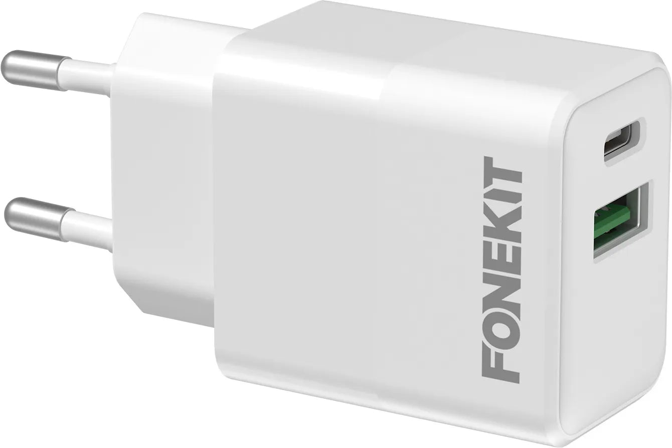 FoneKit Double 20W -laddare, USB-C + USB-A, vit