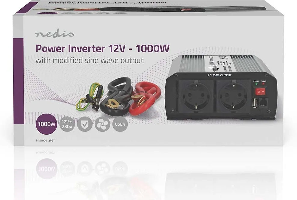 Nedis PIM100012FGY inverter, 12 V, 1000 W, modifierad sinusvåg