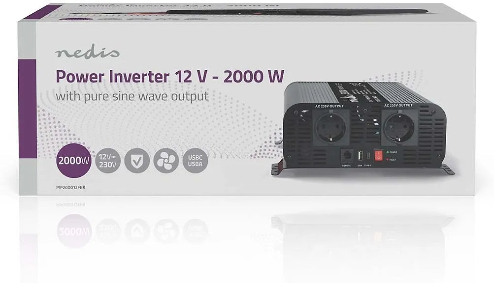 Nedis PIP200012FBK invertteri, 12 V, 2000 W, puhdas siniaalto