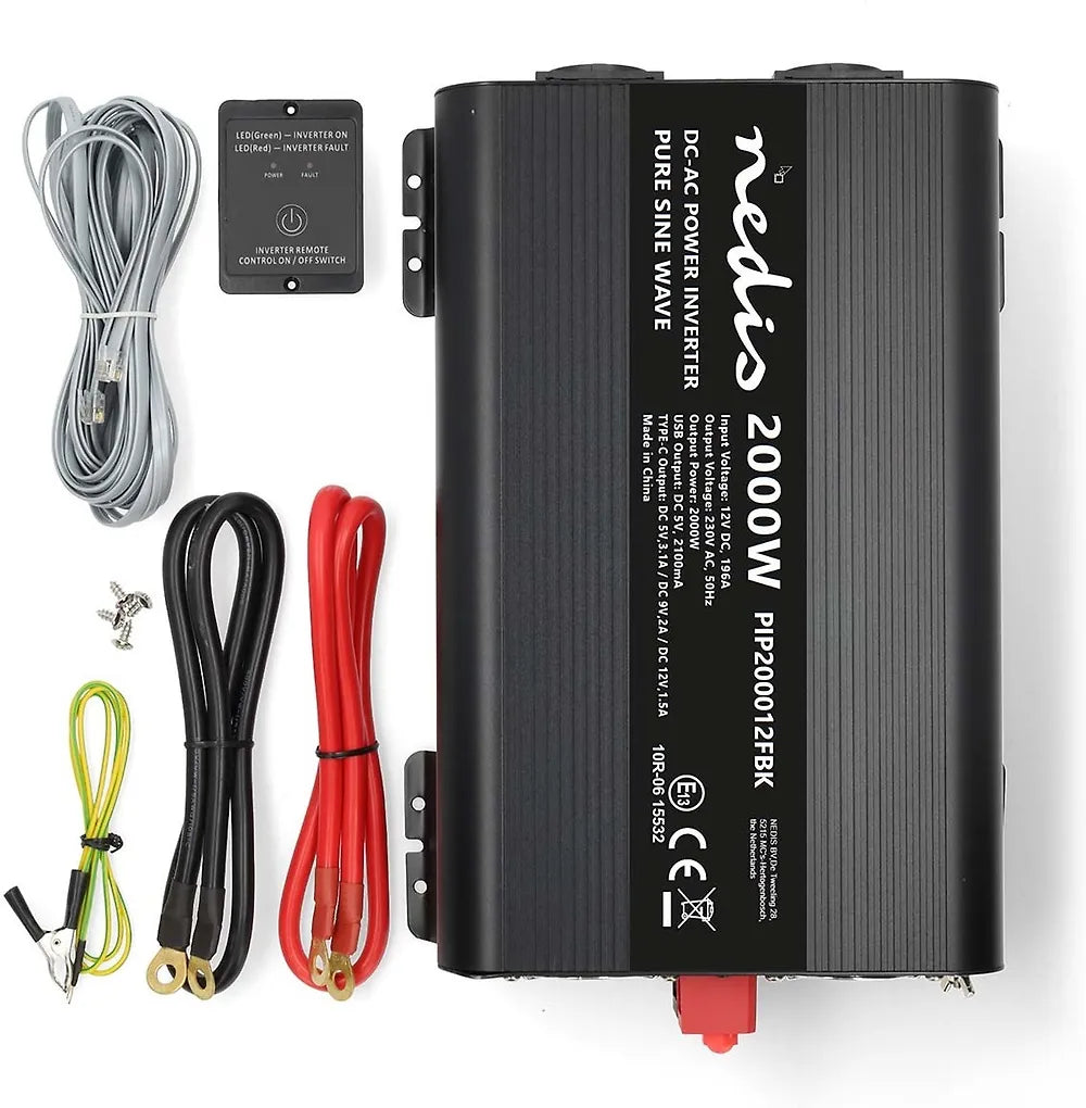 Nedis PIP200012FBK invertteri, 12 V, 2000 W, puhdas siniaalto