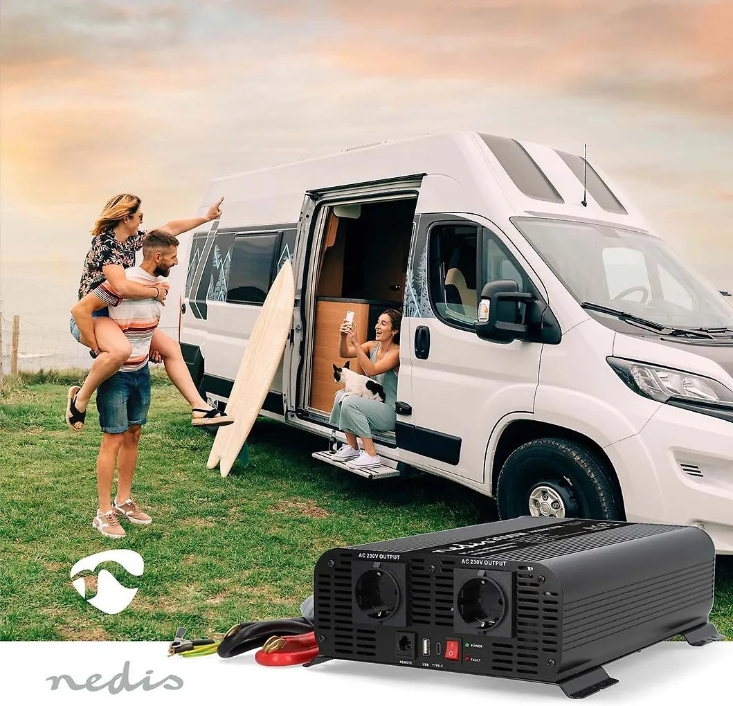 Nedis PIP200012FBK invertteri, 12 V, 2000 W, puhdas siniaalto