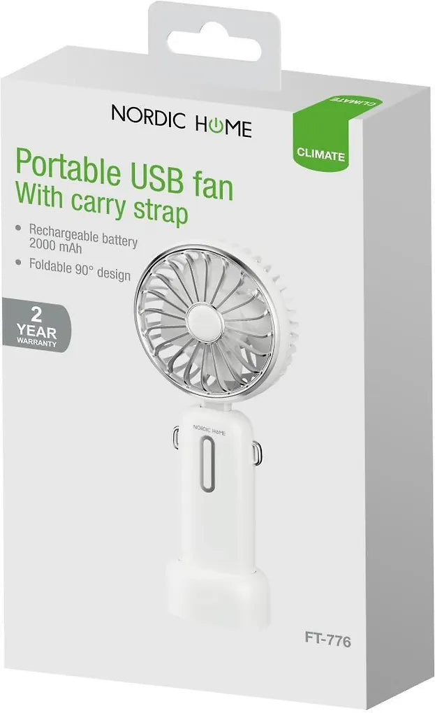 Nordic Home bärbar fläkt med bärrem, USB-C uppladdningsbar