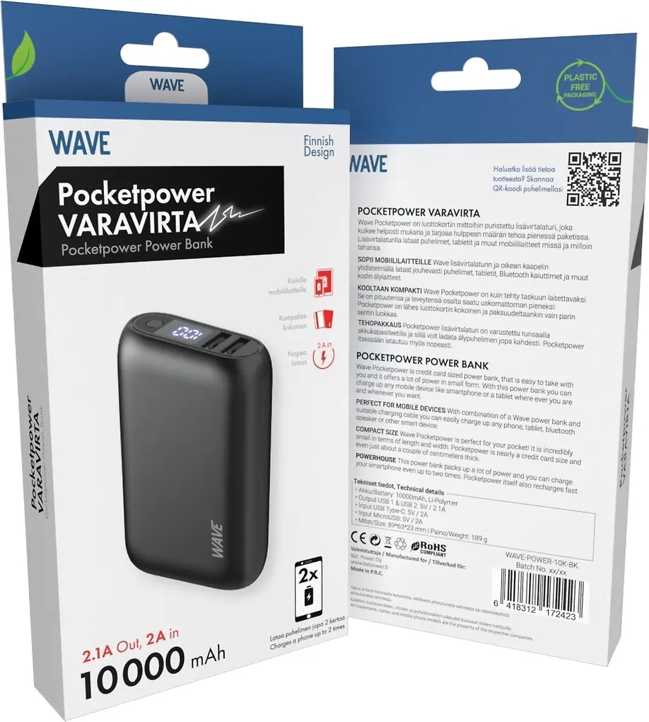 Wave Pocketpower -varavirtalähde, 10 000 mAh, musta