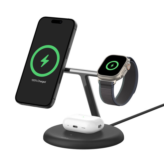 Belkin BoostCharge Pro 3-in-1 Qi2 -langaton latausasema MagSafella, musta – kuva 1