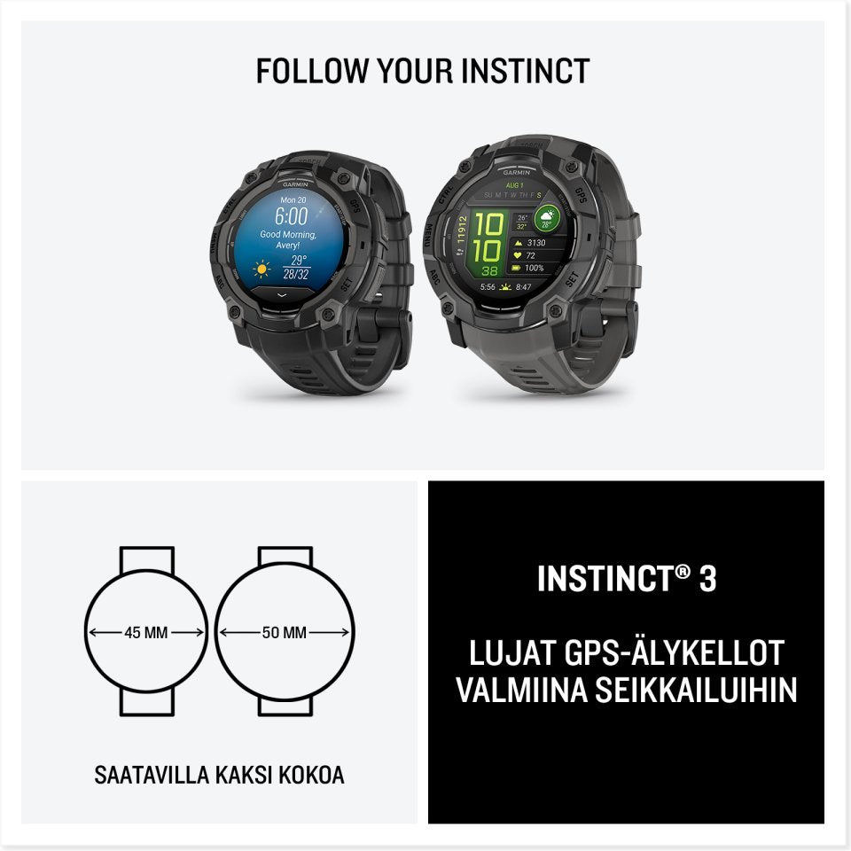 Garmin Instinct 3 GPS-älykello, 50 mm, musta / grafiitinharmaa