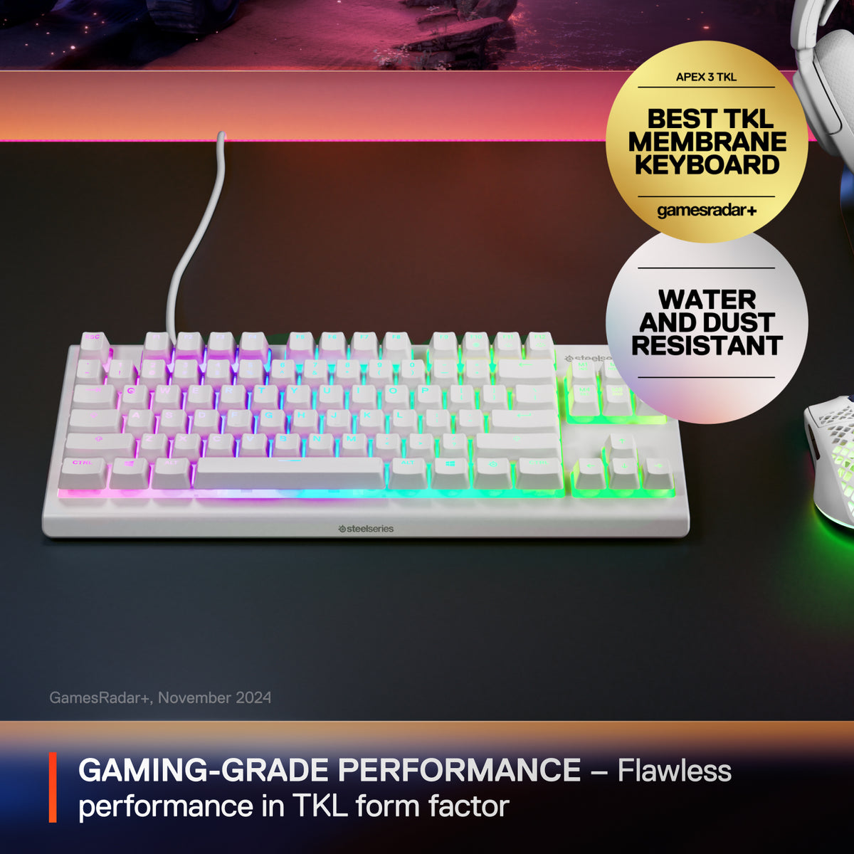 SteelSeries Apex 3 TKL pelinäppäimistö, valkoinen – kuva 2