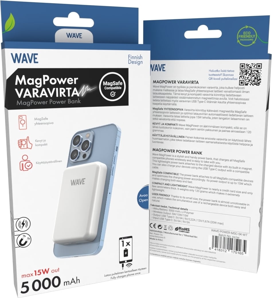 Wave MagPower varavirtalähde, 5000 mAh, valkoinen