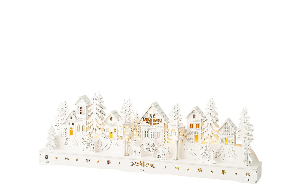 Lumineo talvinen pöytäkoriste valoilla, valkoinen, paristokäyttöinen