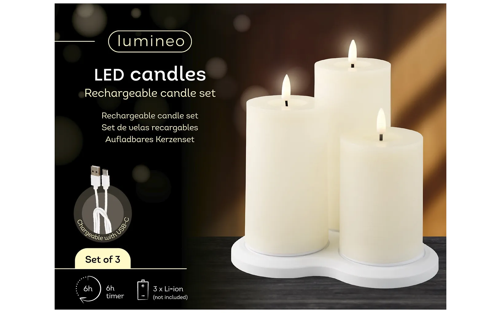 Lumineo ladattavat vahakynttilät, 3 kpl, valkoinen