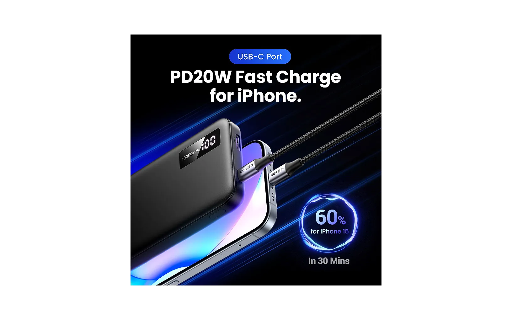 Ugreen 10 000 mAh powerbank med snabbladdning