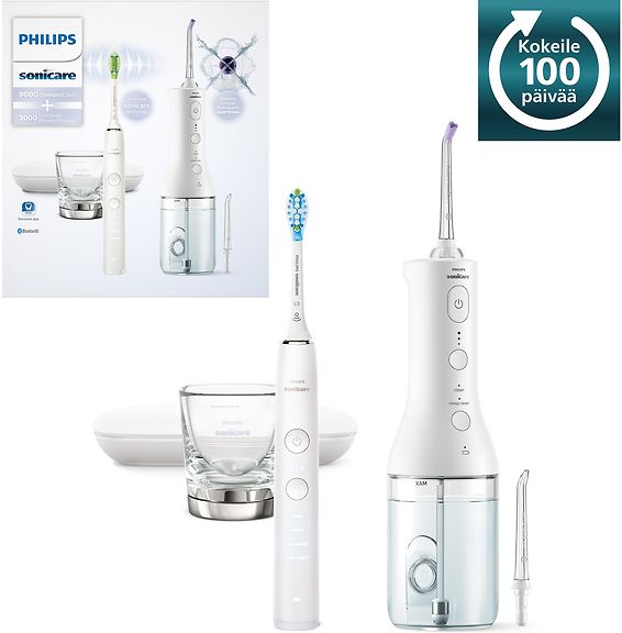 Philips Sonicare 9000 Diamond Clean sähköhammasharja + 3000 Power flosser hammasvälisuihku, valkoinen HX3886/41 – kuva 1