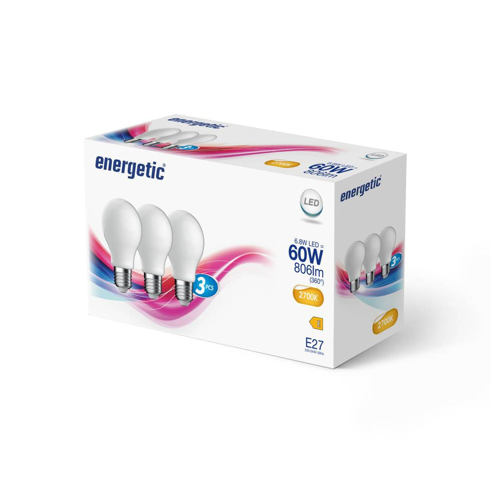 E27 A60 2700K 806lm opaali 3-pack