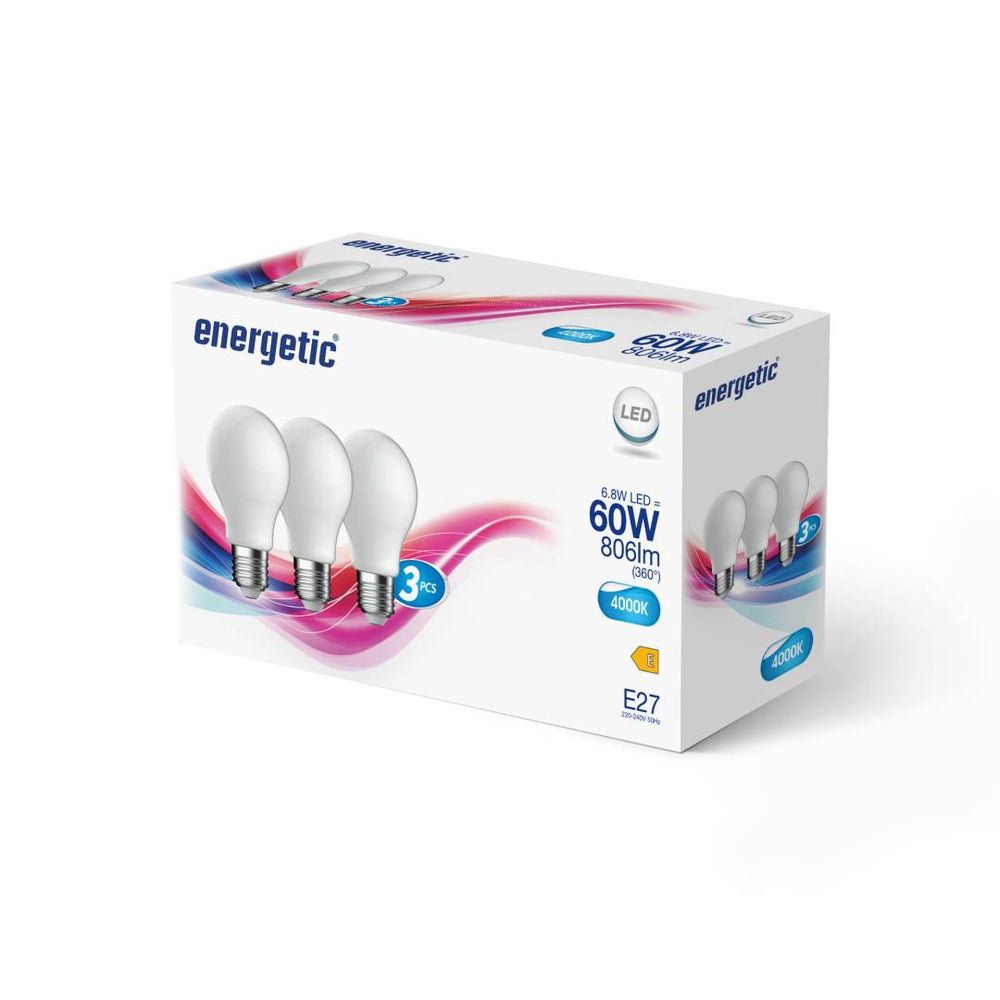 E27 A60 4000K 806lm opaali 3-pack