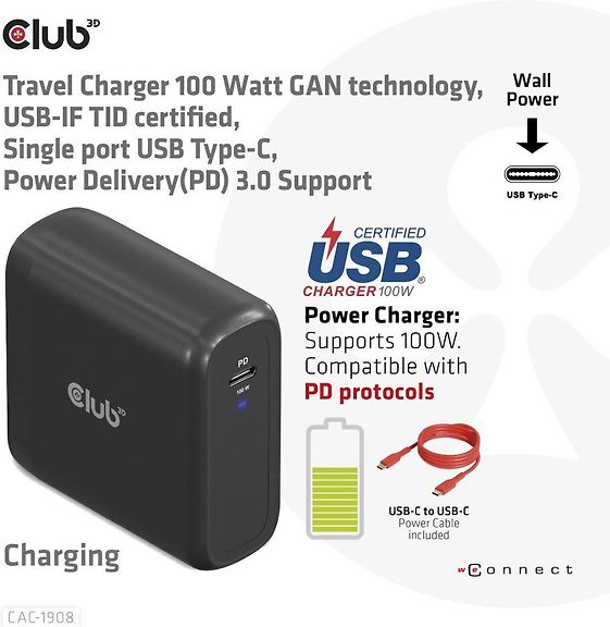 Club 3D CAC-1908EU Travel Charger 100 W GaN USB-C -virtalähde – kuva 2