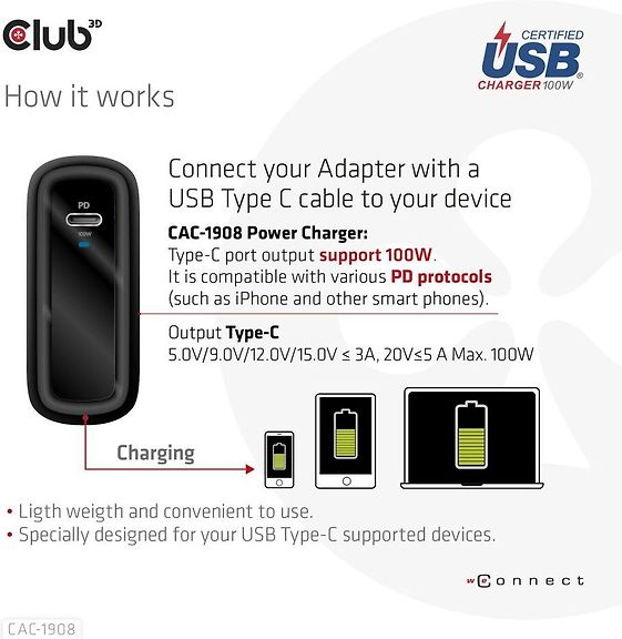 Club 3D CAC-1908EU Travel Charger 100 W GaN USB-C -virtalähde – kuva 3