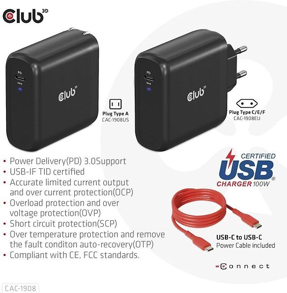 Club 3D CAC-1908EU Travel Charger 100 W GaN USB-C -virtalähde – kuva 5