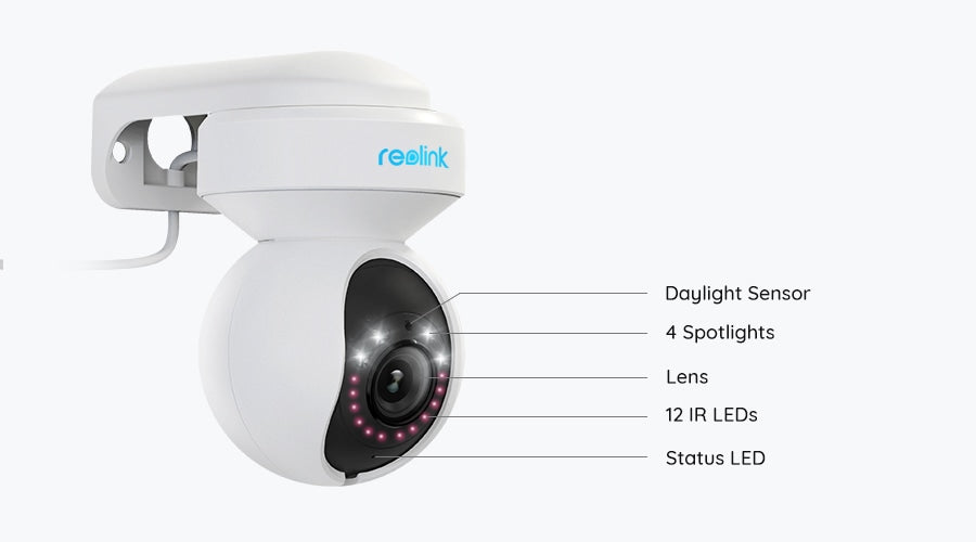 Reolink E1 Outdoor 5MP PTZ Auto Tracking AI WiFi-kamera med LED-spotlights